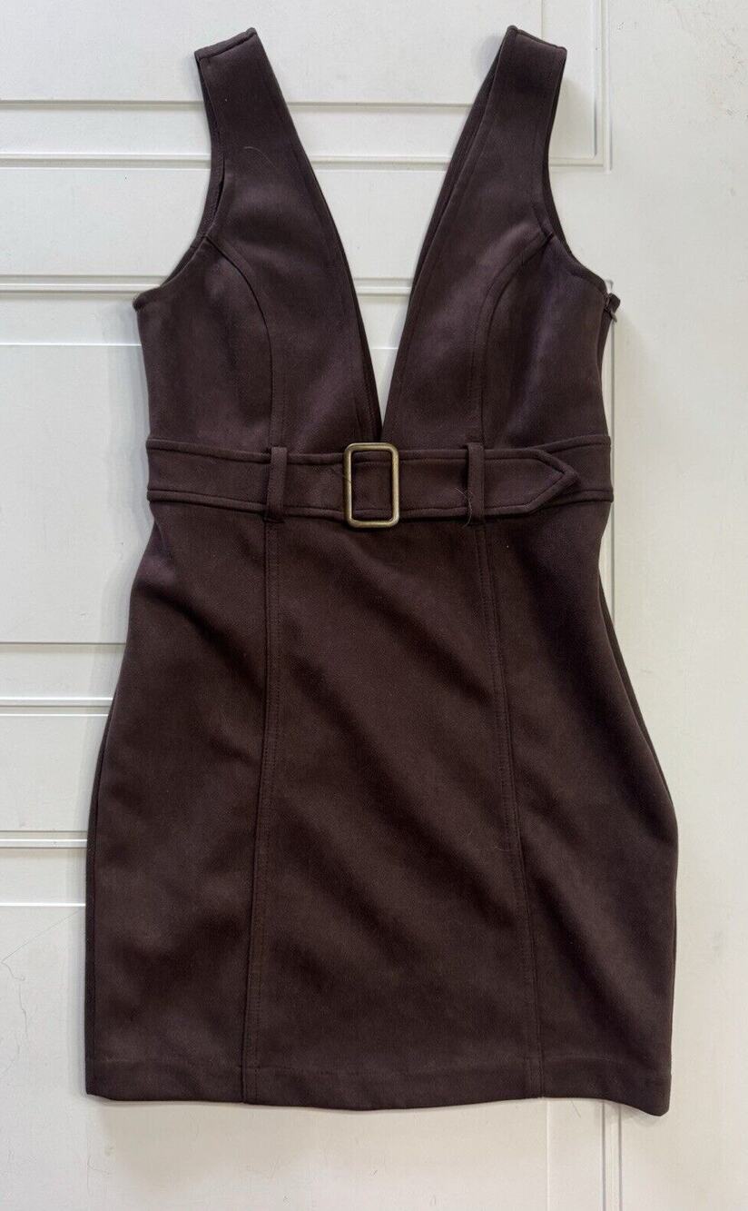 Forever 21 Womens Juniors Sz S Brown Suede Deep V Buckle Dress Bodycon